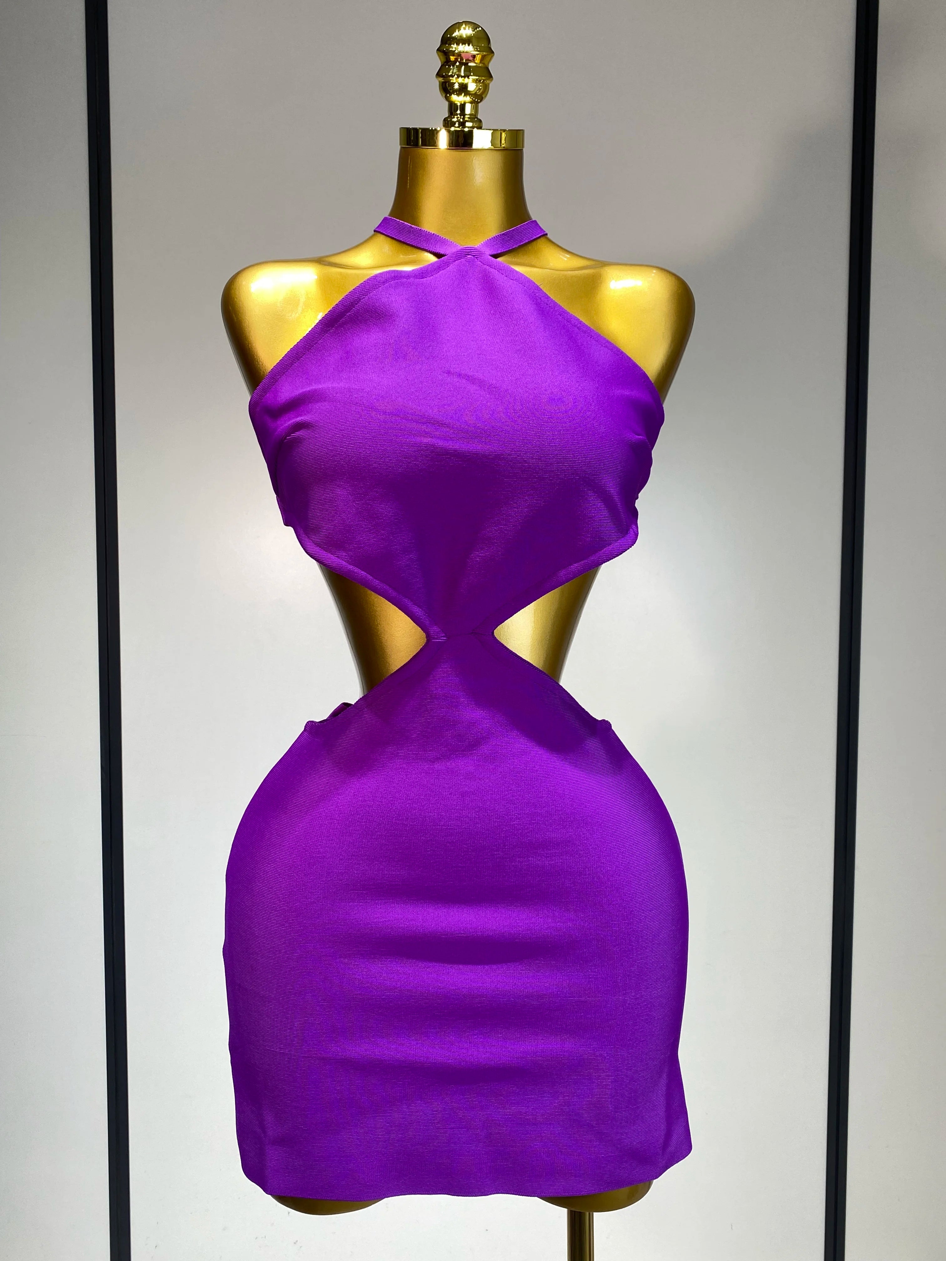 Women Luxury Sexy Backless Cut Out Bow Tie Mini Bodycon Bandage Dress 2025 Celebirty Elegant Evening Party Birthday Dresses PURPLE