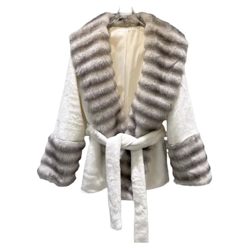 Winter New Fashion Big Fur Collar Plush Faux Fur Coat For Women Loose High-end Lace-up Waist Jacket Female 11A07741