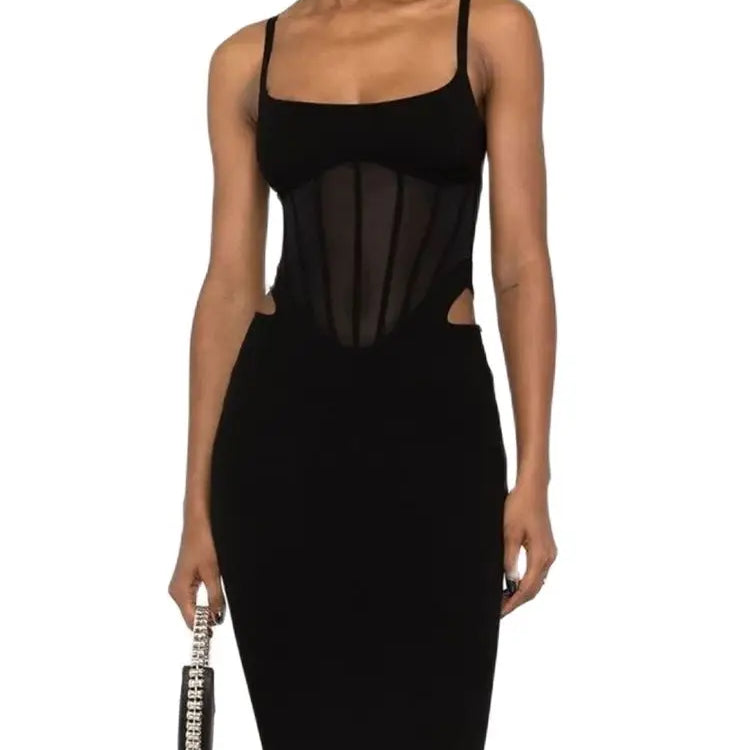 Ailigou New Summer Women's Sexy Sleeveless Tight Fit Midi Bandage Dress with Hollow Lace Elegant Celebrity Party Club Dress