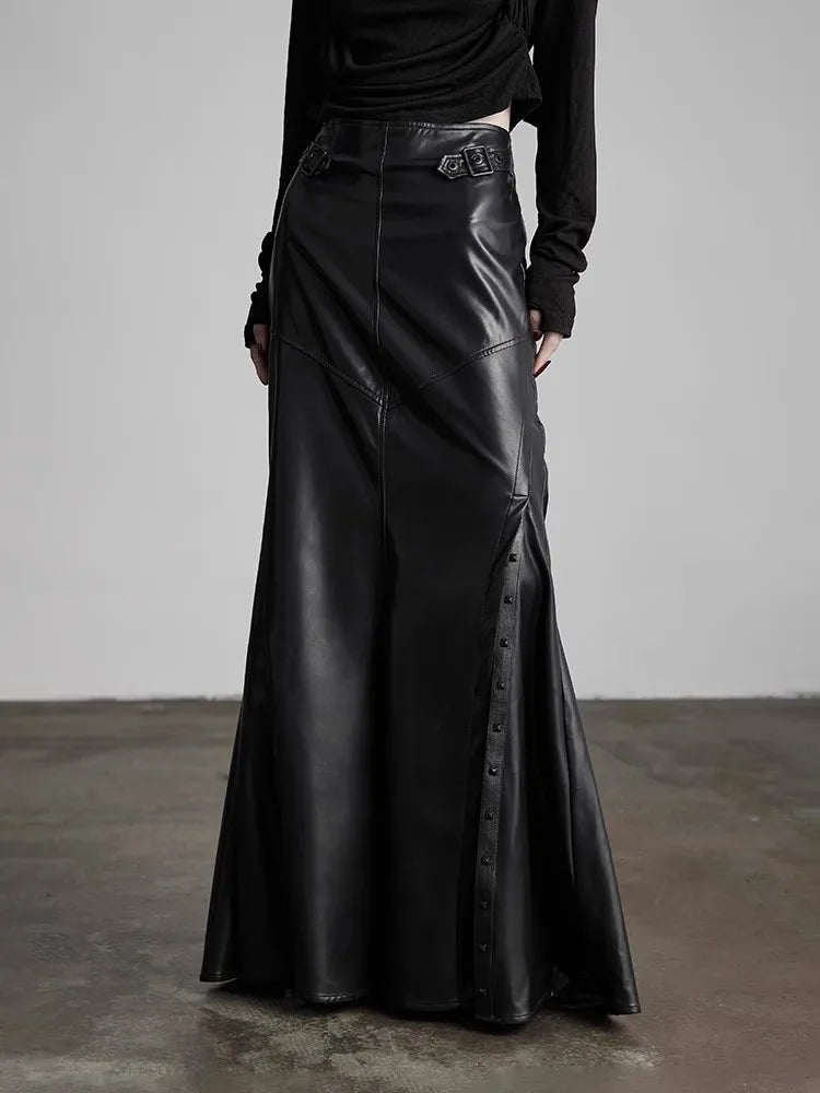 Lautaro Spring Autumn Black Soft Pu Leather Floor Length Mermaid Skirt Women High Waist Elegant Luxury Extra Long Clothes 2025
