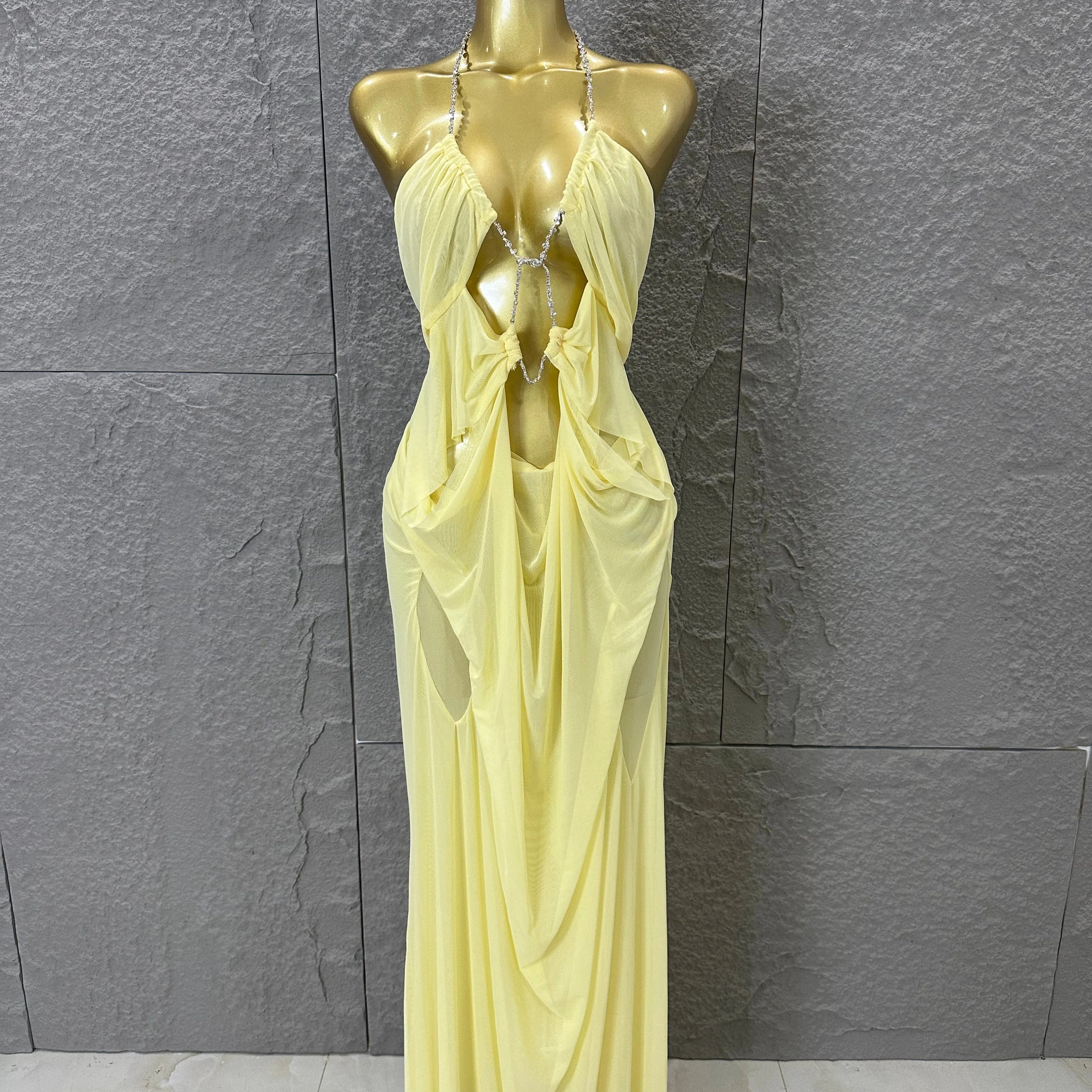 Sexy Halter Neck Maxi Dress Crystal Chain Cutout Ruched Women Sheer Mesh Form Outfit Glamorous Evening Gala Party Costume Yellow