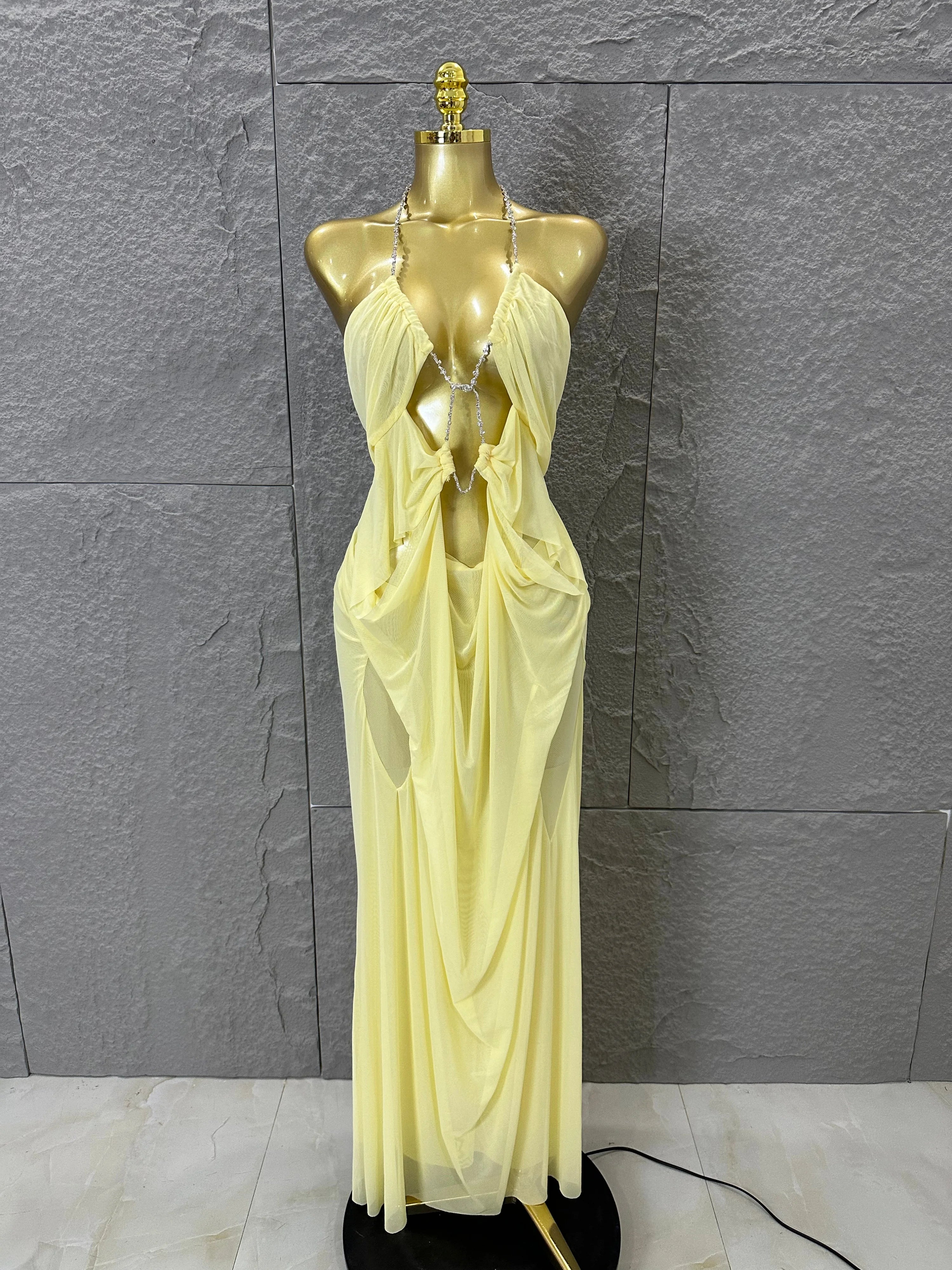 Sexy Halter Neck Maxi Dress Crystal Chain Cutout Ruched Women Sheer Mesh Form Outfit Glamorous Evening Gala Party Costume Yellow