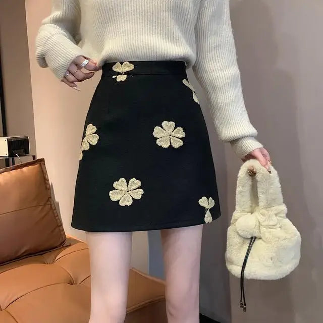 Sweet Fashion Preppy Style Autumn/Winter New Women's Woolen Embroidered Zipper Korean Casual High Waist Slim Short A-line Skirt black