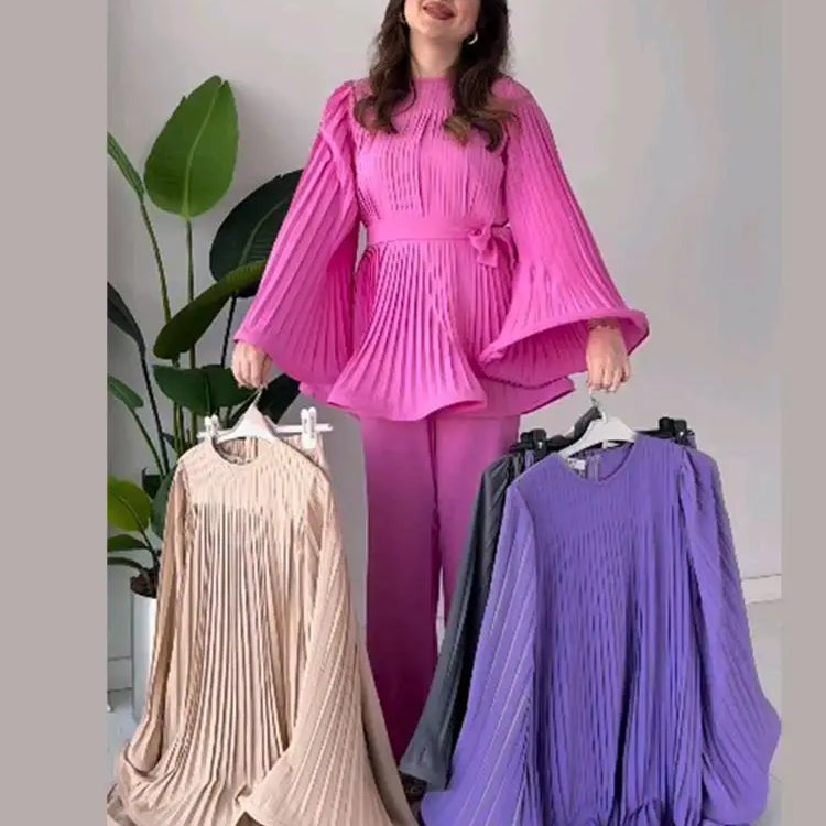 Loose Pleated Top Pants Women Belt Suit Elegant O-neck Long Batwing Sleeve Big Swing Top Wide Leg Pant 2 Piece Sets Outfit