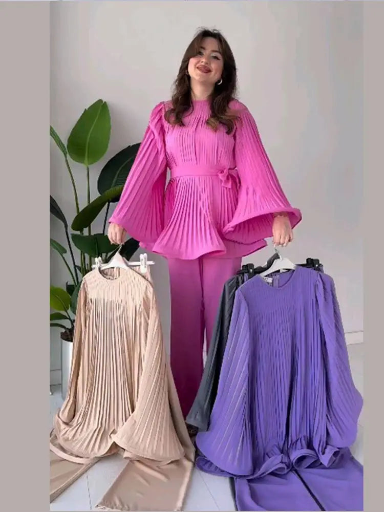 Loose Pleated Top Pants Women Belt Suit Elegant O-neck Long Batwing Sleeve Big Swing Top Wide Leg Pant 2 Piece Sets Outfit