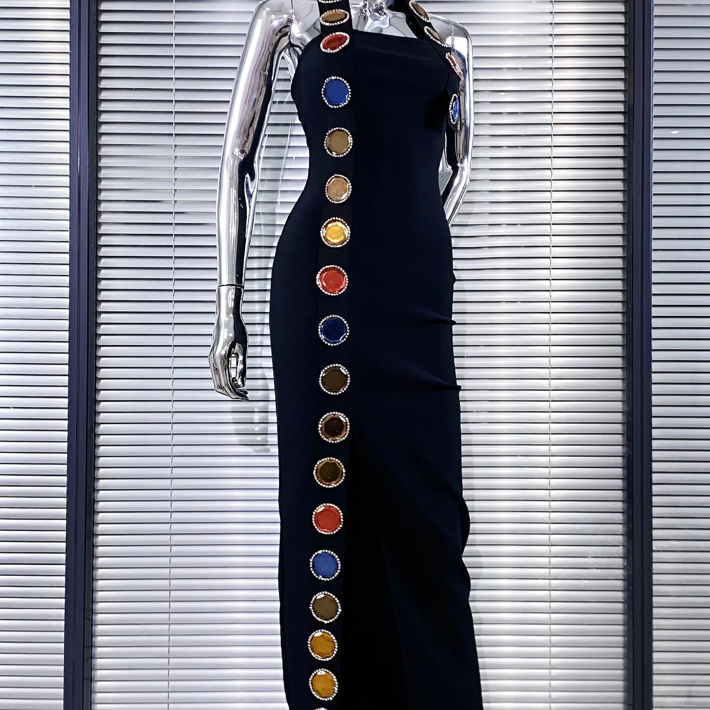 New Summer Special Design Shining Colorful Diamonds Sexy Halter Black Bandage Dress Woman Birthday Party Dress Club Party Outfit