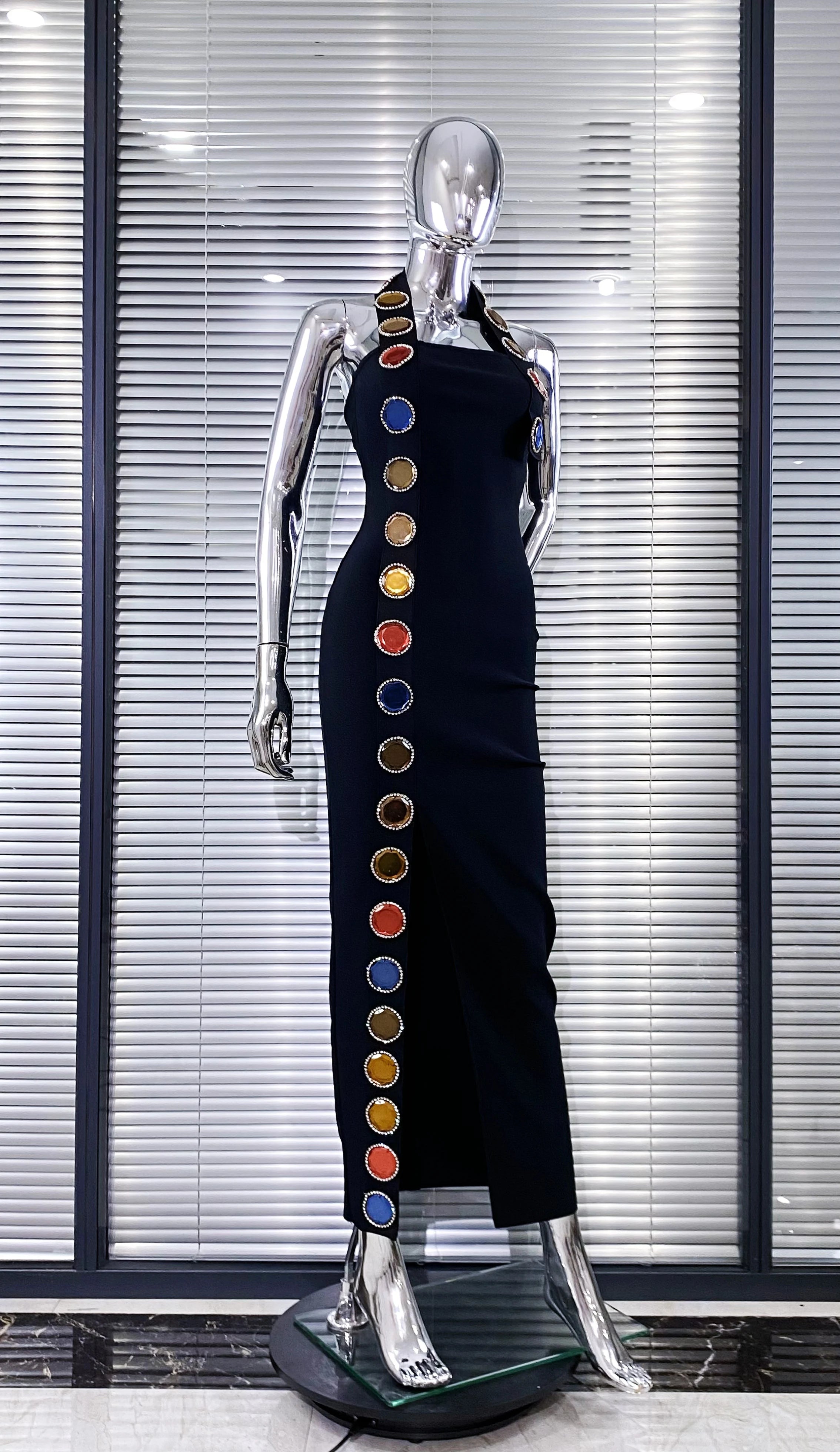 New Summer Special Design Shining Colorful Diamonds Sexy Halter Black Bandage Dress Woman Birthday Party Dress Club Party Outfit