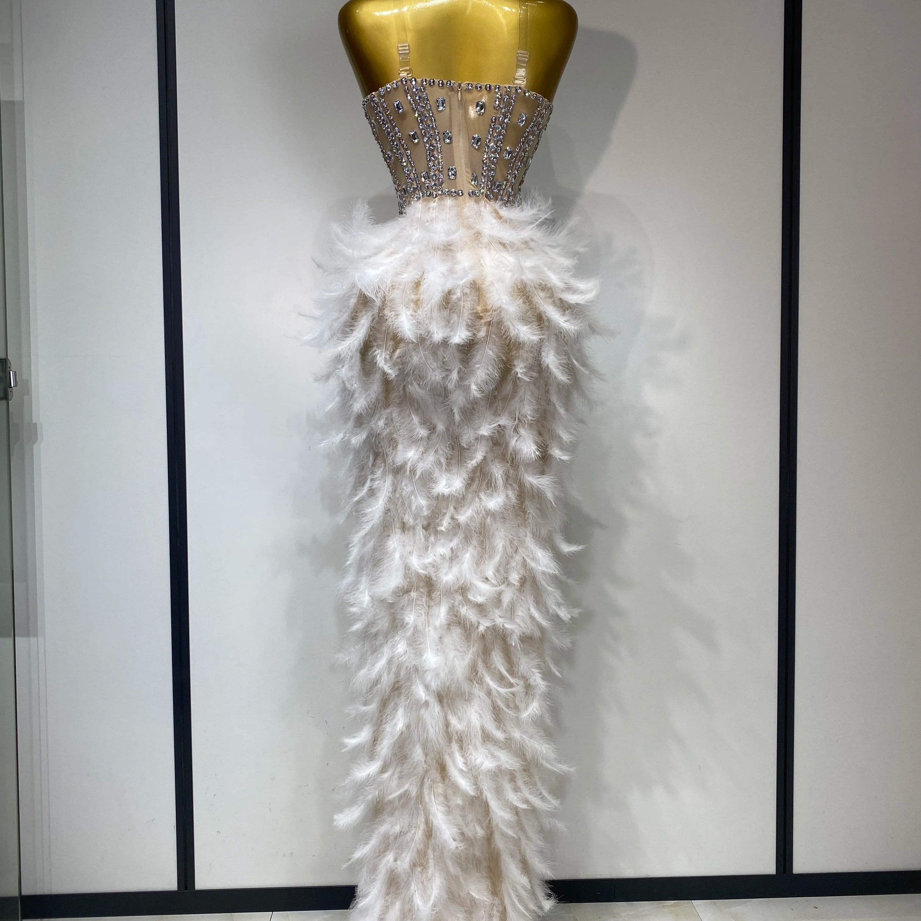 Women Sexy Sparkly Rhinestone Feather Mesh Long Dress Elegant Evening Party Celebrate Luxury Birthday Singer Stage Costume