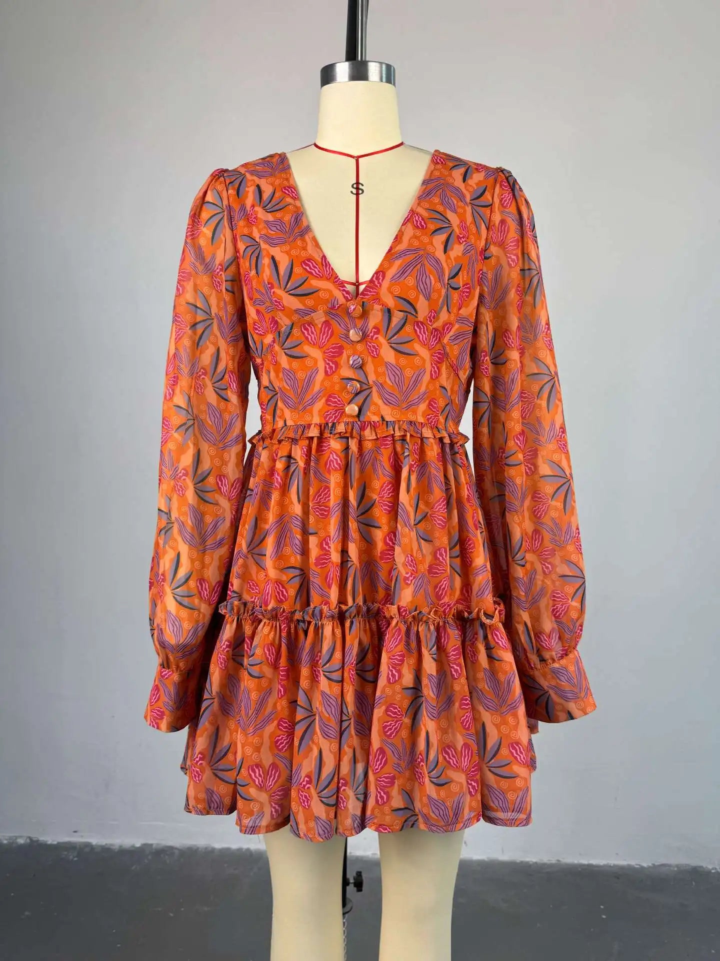 Women V-neck Long Sleeve Pleated Mini Dress Sweet Elegant Floral Print Sexy Birthday Beach Night Party Vestidos Dresses