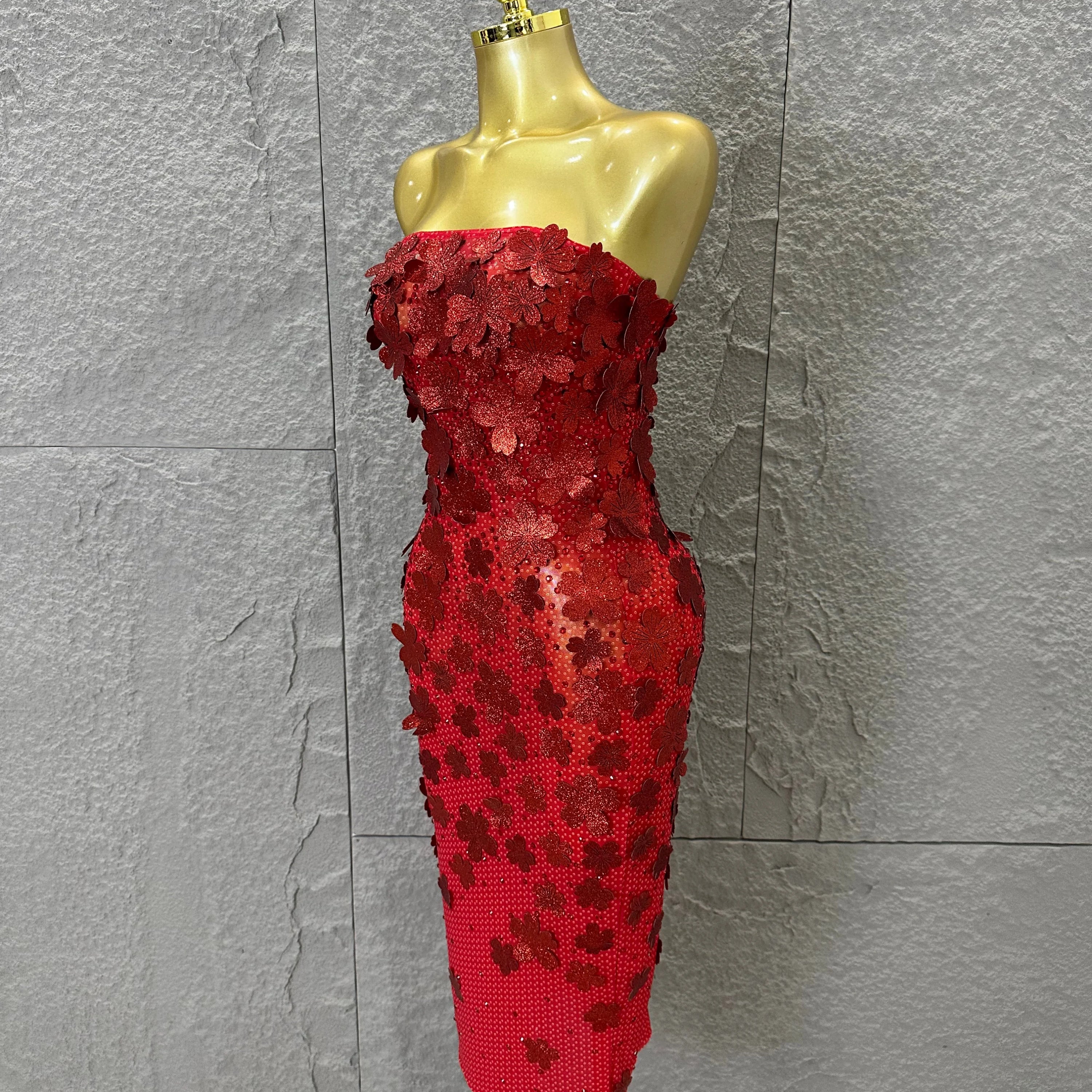 Sparkly Women Sexy Strapless Slim-fit 3D Flower Evening Gala Party Nightclub Cocktail Party Stage Performance Costume