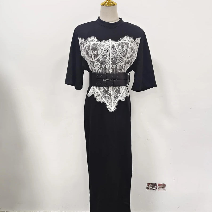 Hit Color Slimming Spliced Lace Dresses for Women Round Neck Half Sleeve Split Temperament Dress Female Fashion New BLACK
