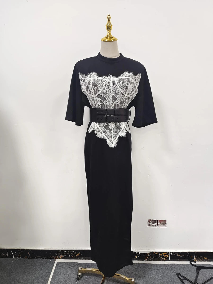Hit Color Slimming Spliced Lace Dresses for Women Round Neck Half Sleeve Split Temperament Dress Female Fashion New BLACK
