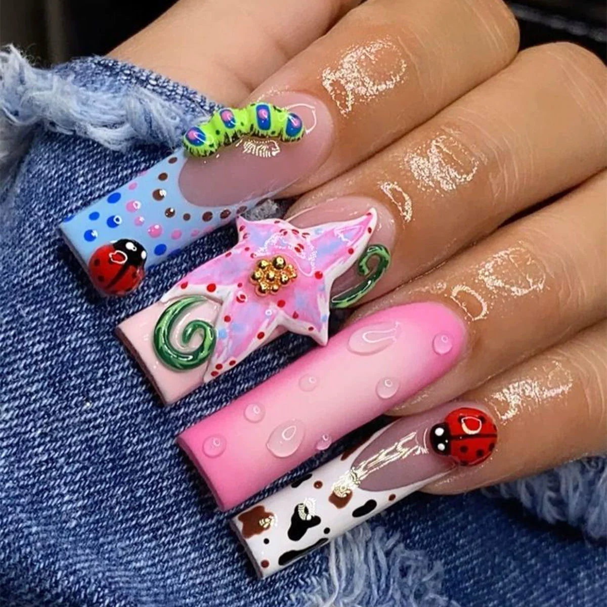 24Pcs Long Square Coffin Fake Nail Full Cover 3D Flowers with Leopard Print Pattern French Manicure Wearable Spice Acrylic Nails 1