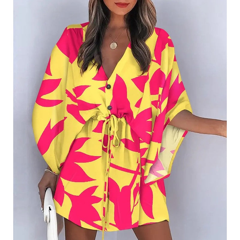 Summer Boho Mini Dress - Flora Print Batwing Sleeve Lace-Up V Neck Loose Button Dresses Ladies Beach Party Dress Vestido style1
