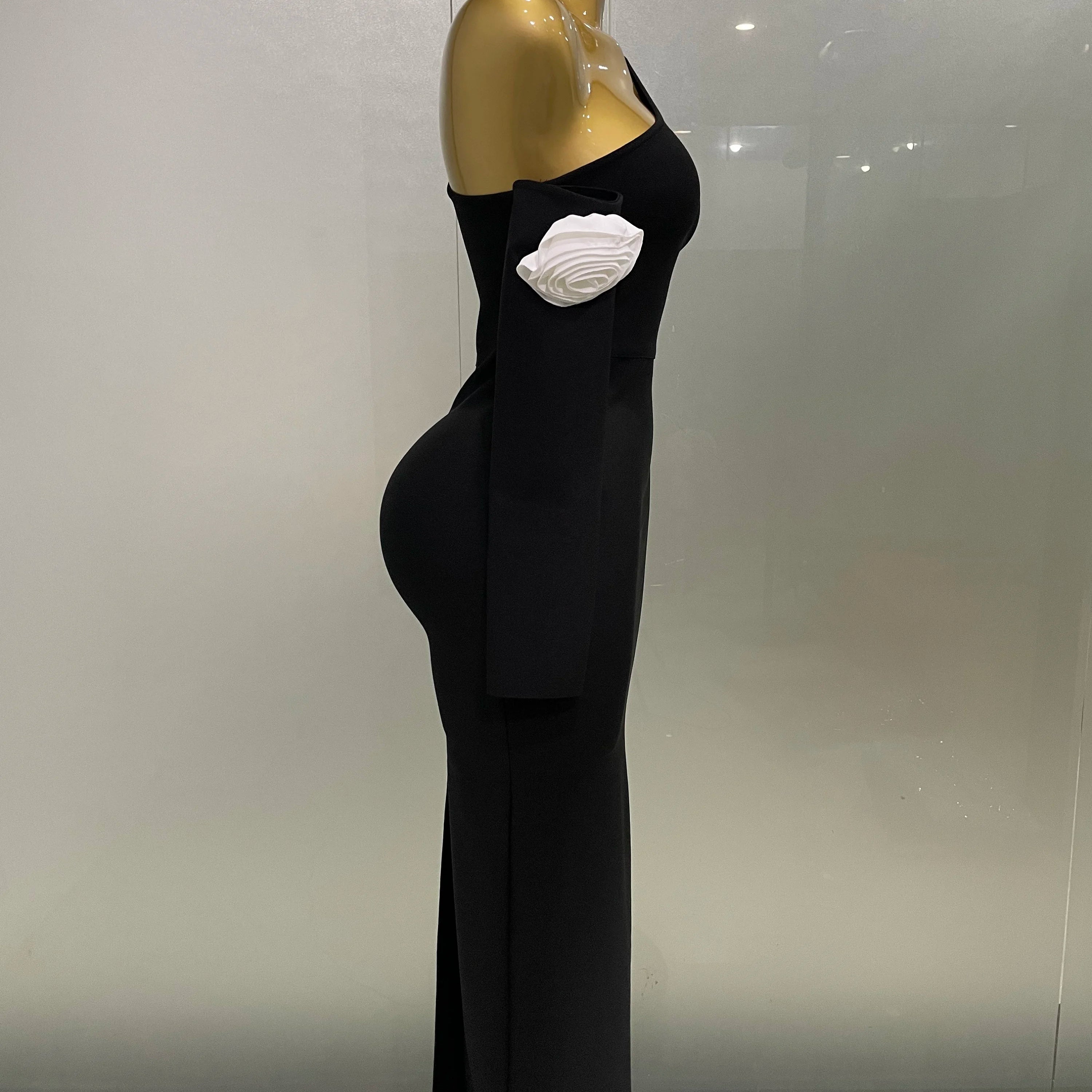 2025 New Sexy One Shoulder Key Hole Flower Maxi Long Bodycon Bandage Dress Women Knitted Elegant Evening Club Party Outfit