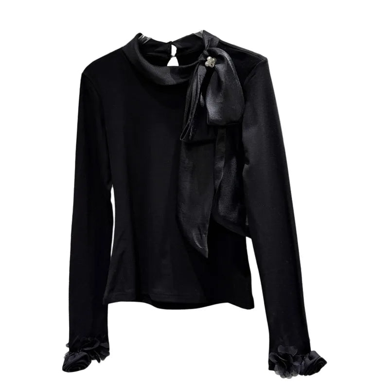 Winter New Elegant Temperament Rhinestone Buckle Bow Tie Long Sleeve T-Shirt For Women Solid Color Tops 11A07897