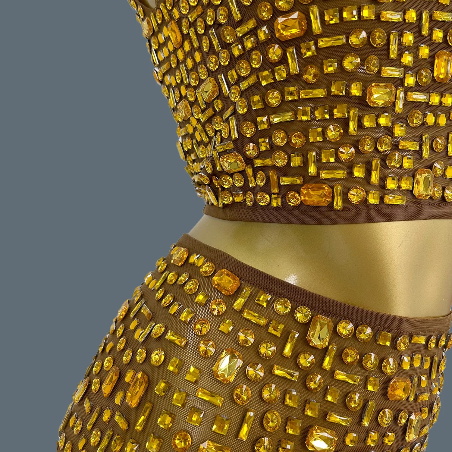 Lady Sexy Two Piece Set See Through Slit Crystal Rhinestone Mesh Dress for Club Party Wear Red Carpet Stage Show Costume Gesebei