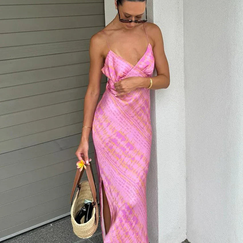 Clacive Sexy Slim Print Women's Dress Bodycon Strap Sleeveless Ankle Length Dress Elegant Backless Slit Party Dresses Female