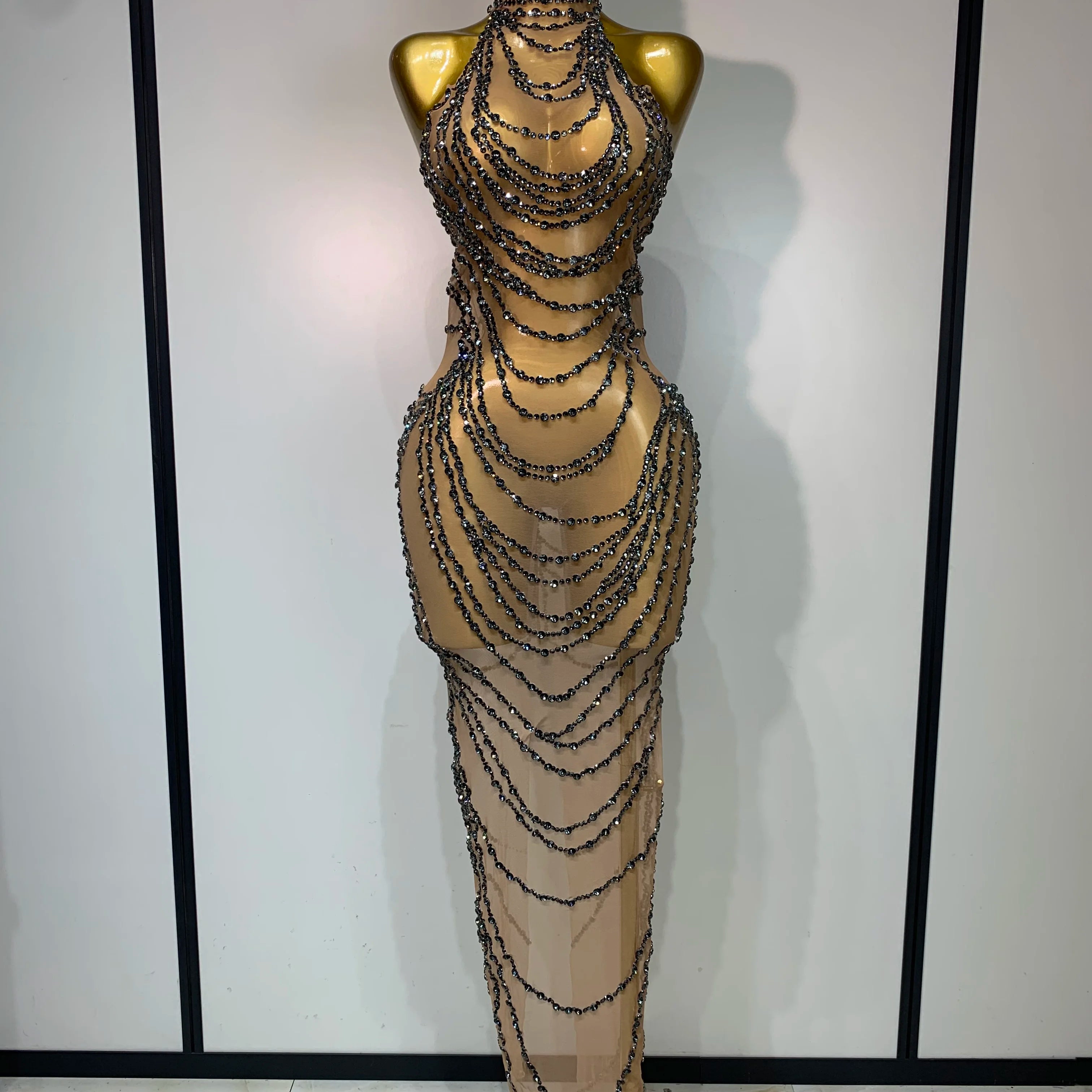 Sparkly Rhinestone Sexy Transparent Mesh Long Dress 2025 Women Luxury Birthday Club Party Gown Stage Singer Performance Costume Dark Grey