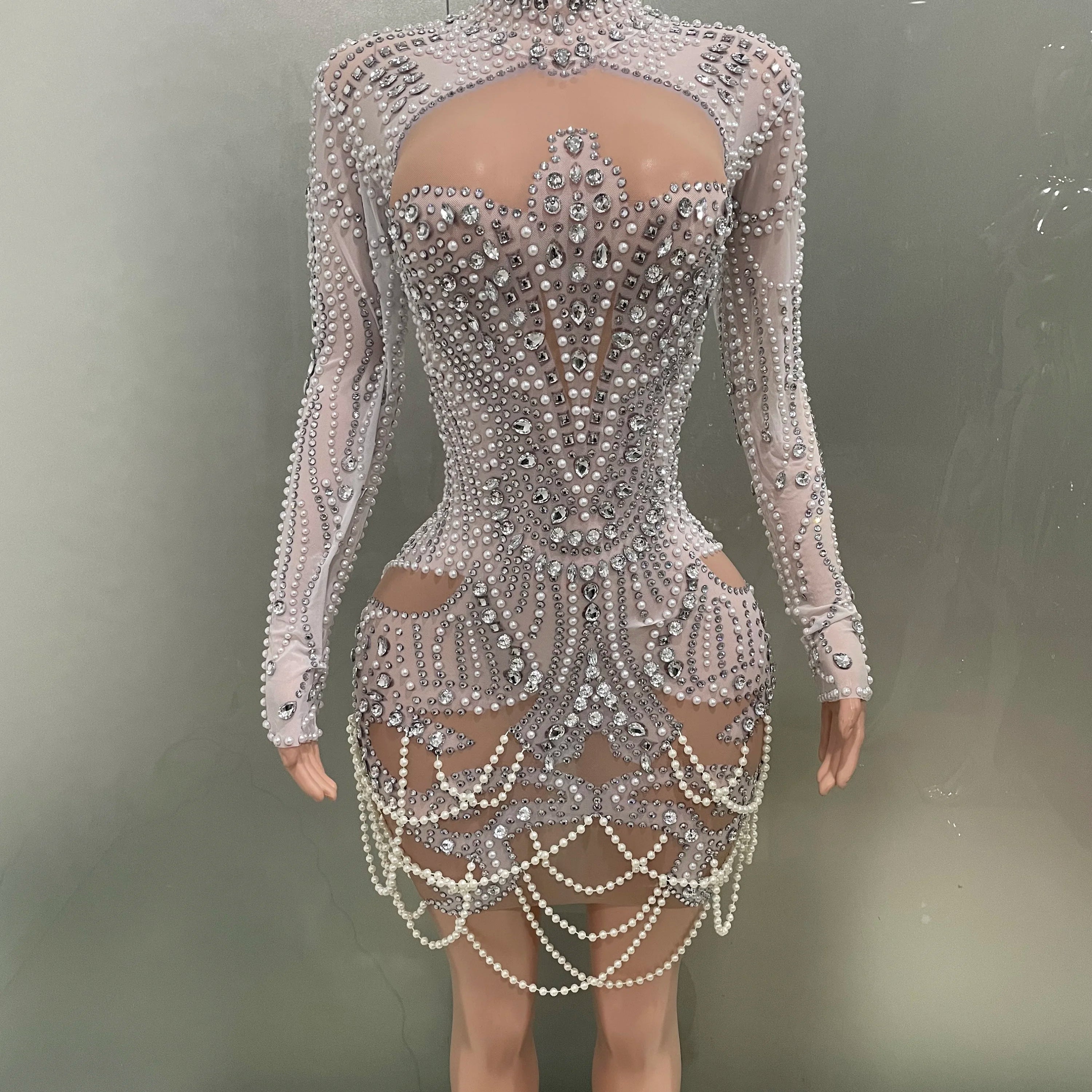 STOCK White Color Women Long Sleeve Sexy Mesh Beading Bodycon Mini Dress High Stretch Celebrate Birthday Party Dress