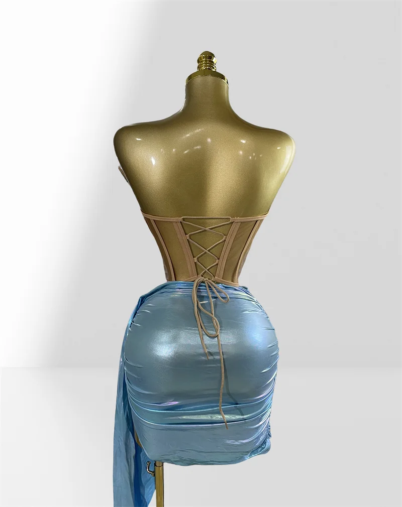 Fashionable Mirror Luxurious Rhinestone Lace -up Top And Mini Skirt Set 2 Pieces Woman Birthday Vestido Music Festival Outfit