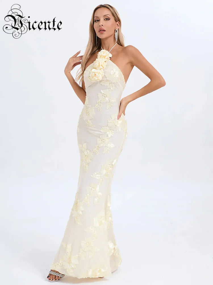 Sexy Halter Neck 3D Flowers Bodycon Long Dress Women Beige Sleeveless Lace-up Floor Length Evening Party Long Wedding Gowns