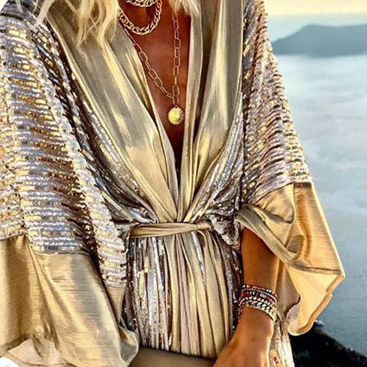 2022 Women Beach Style Three Quarter Batwing Sleeve Holiday Dress V-Neck Sequin Lace-Up Summer Patchwork Ladies Maxi Party Dress