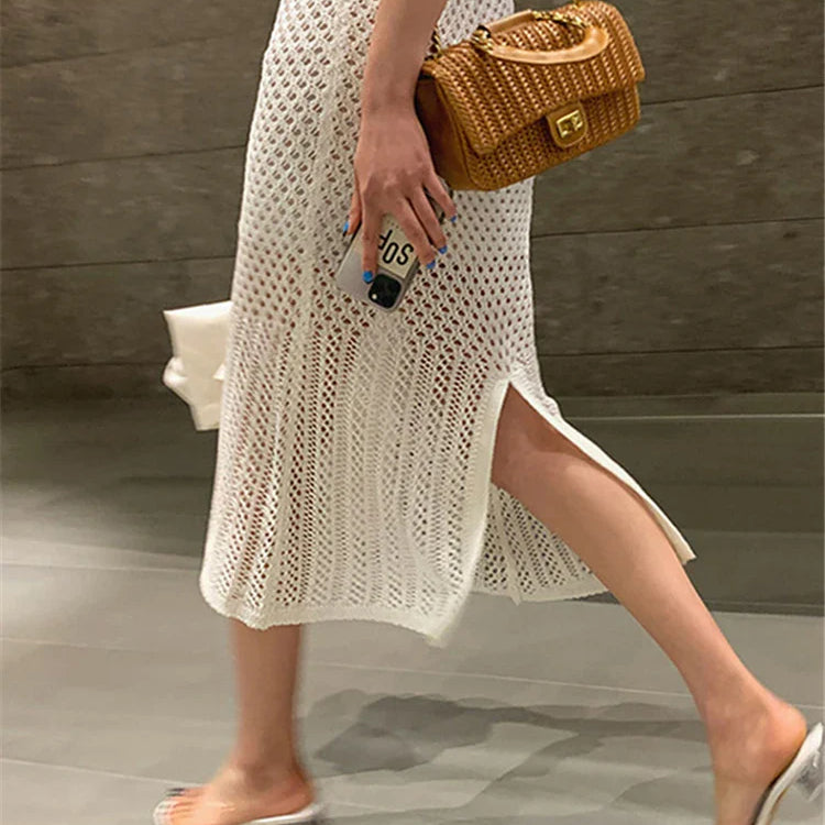 Tossy Summer Hollow Out Knit Long Skirt Casual Wrap Ladies Pencil See Through Midi Skirts 2022 Bodycon Korean Streetwear