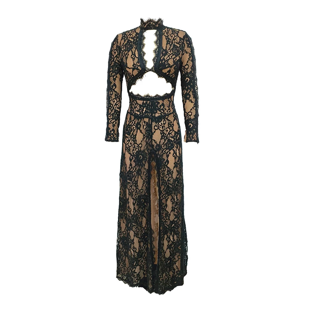 Black Lace Cut Out Long Dress Backless High Split Maxi Long Sleeves O Neck Celebrity Slim Cocktail Party Evening Gowns black