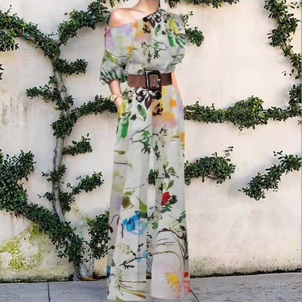 Print Jumpsuit Women Autumn and Spring 2024 New Fashion Long Sleeve Lapel Loose Casual Elegance Green Jumpsuits Print 6 (No Belt)