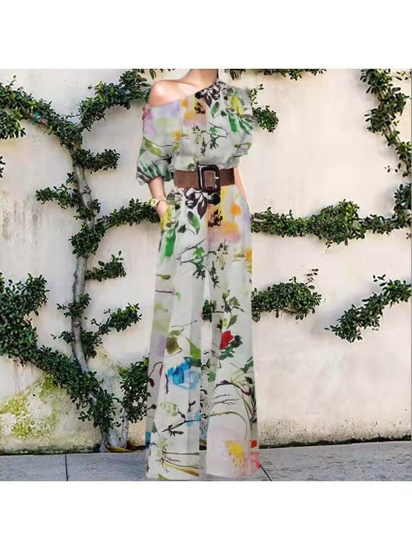 Print Jumpsuit Women Autumn and Spring 2024 New Fashion Long Sleeve Lapel Loose Casual Elegance Green Jumpsuits Print 6 (No Belt)