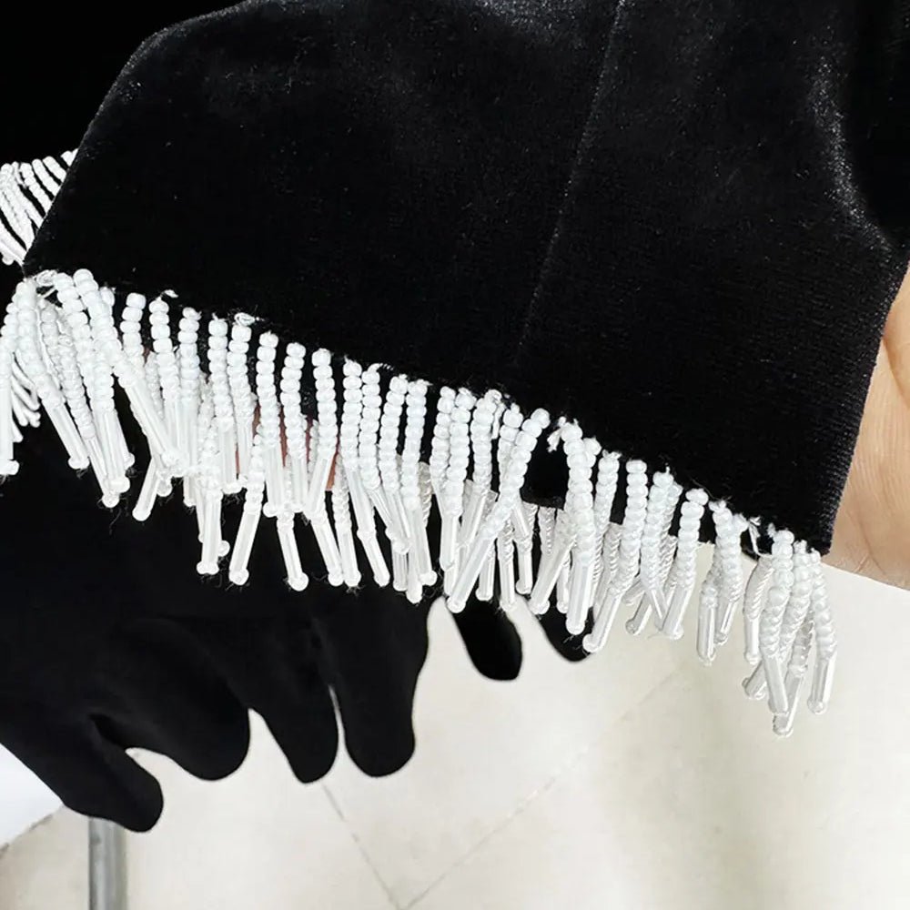 2025 Sexy Women's Open Waist Tassel Velvet Dress Stand Collar Long Sleeve Slimming Mini Dress Celebrity Evening Party Vestidos