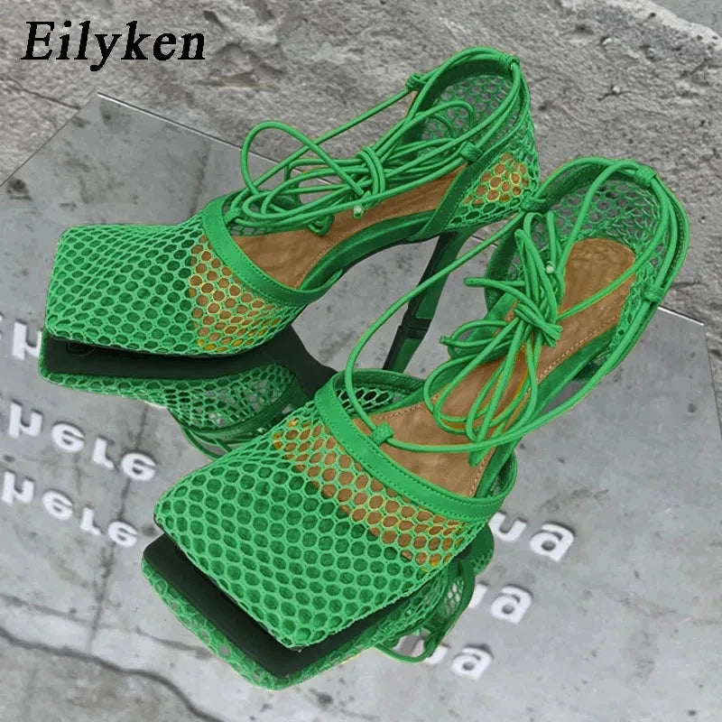 Eilyken Sexy Mesh Pumps Sandals Female Square Toe High Heel Lace Up Cross-Tied Stiletto Hollow Dress Shoes Zapatos Mujer Green