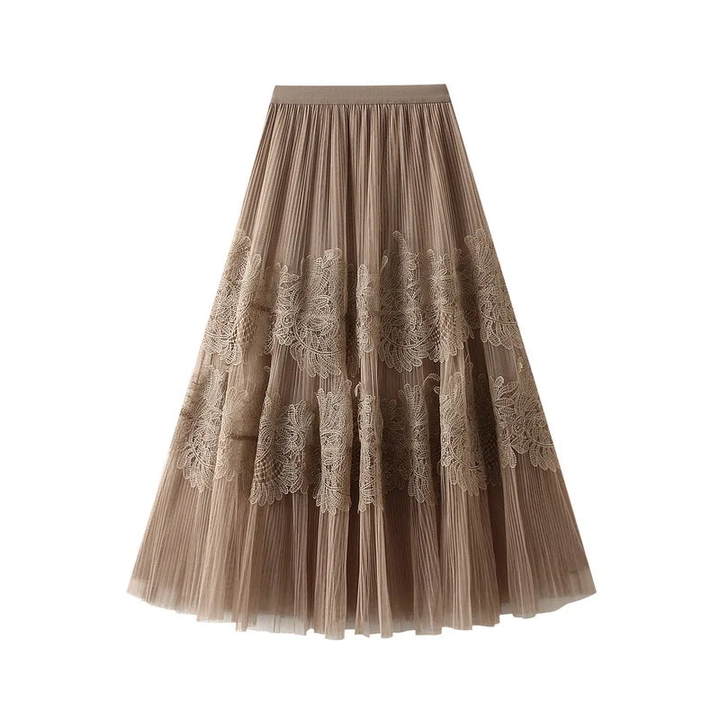 UCXQ New Products Sweet Cake Spliced Skirt Lace Pleated Mesh Large Hem A-line Skirts For Women New Spring Autumn 23A7001 Khaki One Size