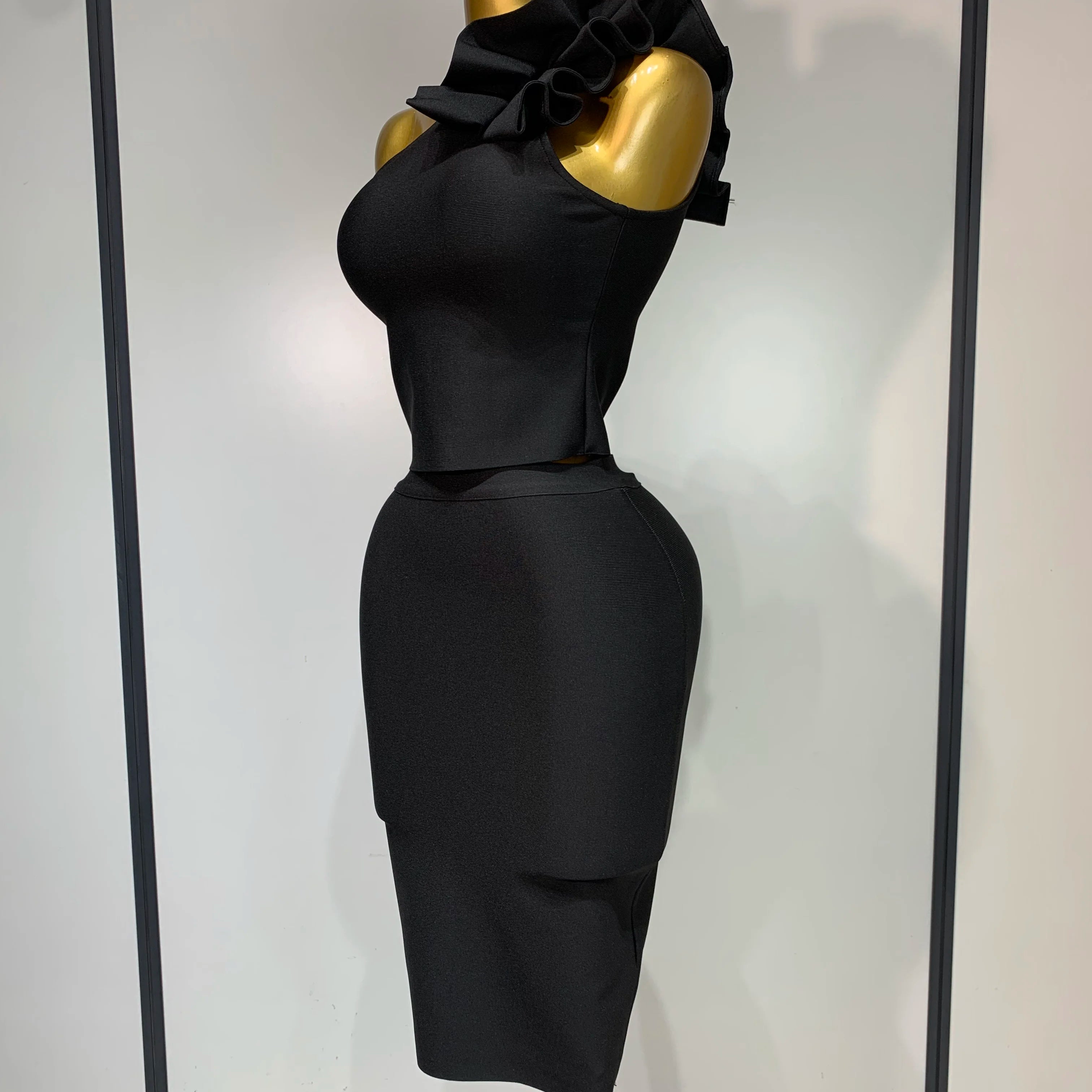 Women Sexy Sleeveless Ruffles One Shoulder Bandage Two Piece Set Fancy Club Evening Celebrity Elegant Party Bodycon Vestidos
