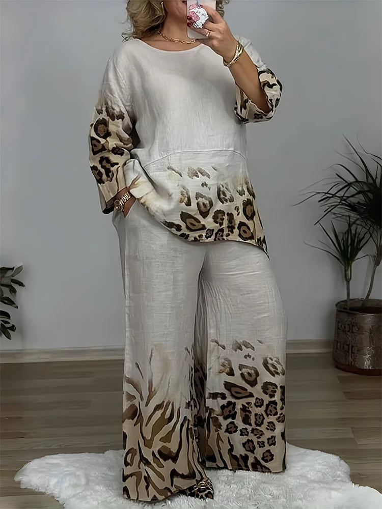 Women's Plus Size Two Piece Set Vacation Casual Leopard Round Neck Short Sleeve Pocket Two Piece Pant Sets Vintage Matching Set Beige