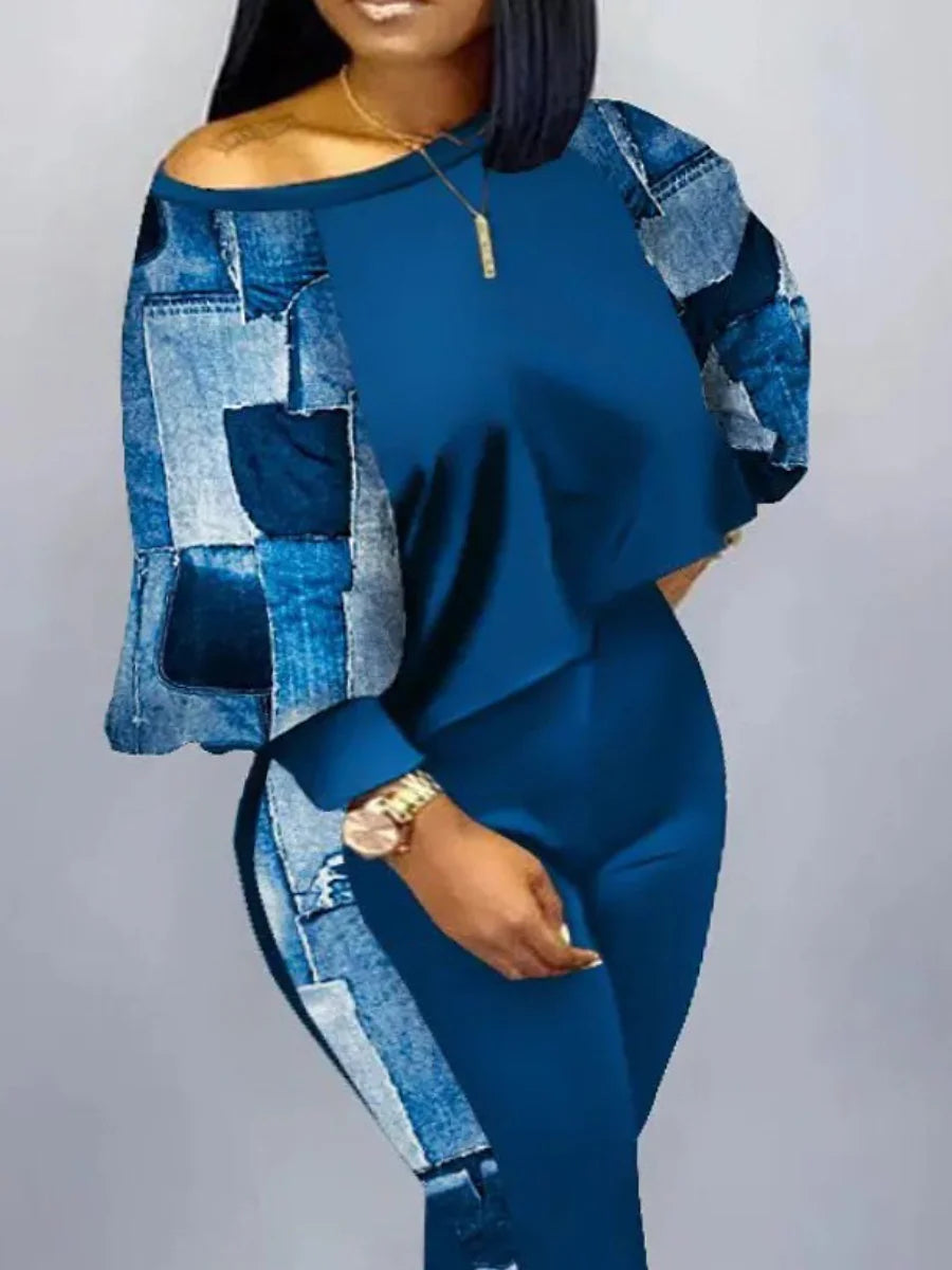 LW Plus Size Lantern Sleeve Gradient Print Skinny Pants Set New In Women Spring Summer High Elasticity 2PC Tracksuits Outfits