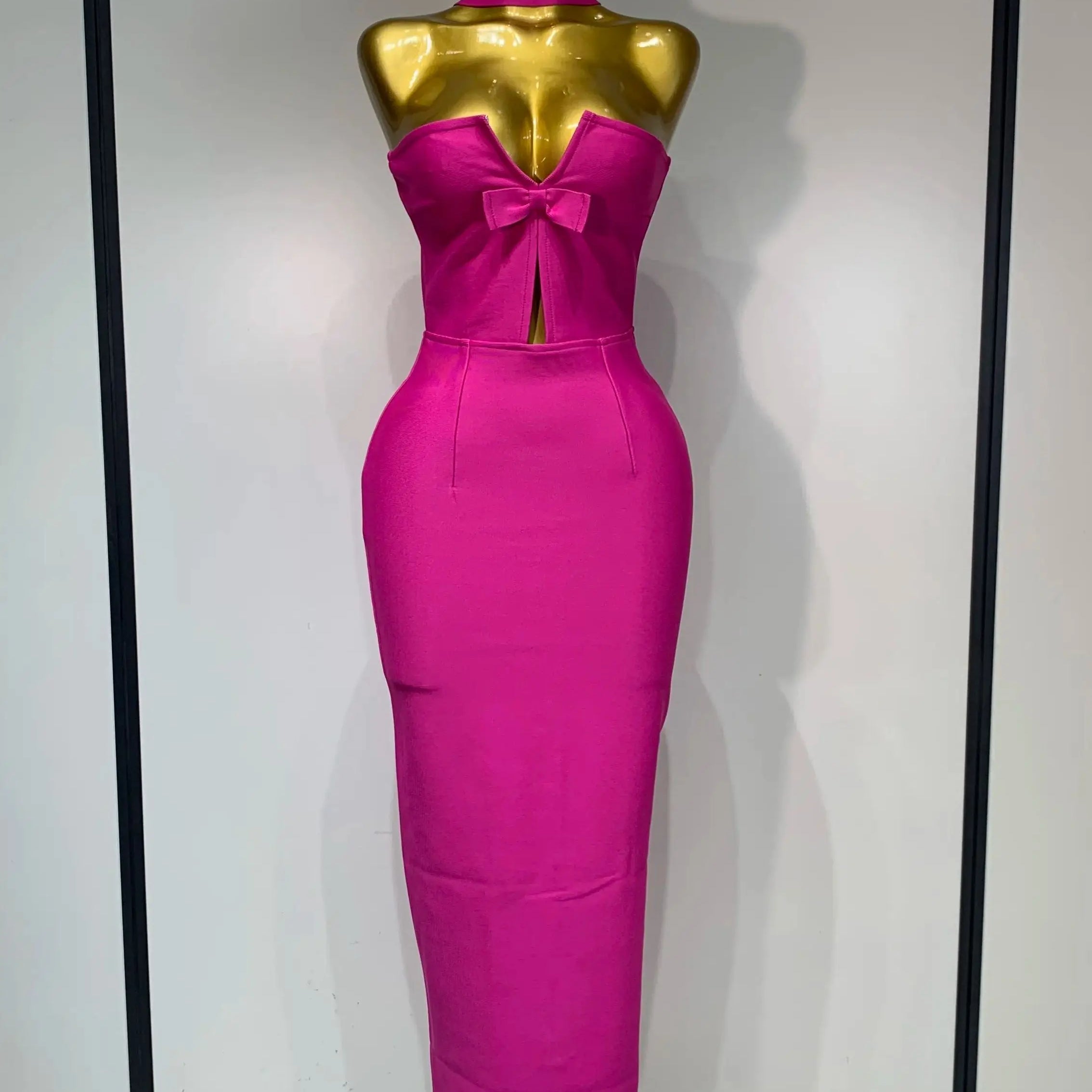 Women Sexy Bodycon Dress Fashion Elegant Strapless Sleeveless Bow Slim Dress Casual Streetwear Club Birthday Party Dresses Fuchsia
