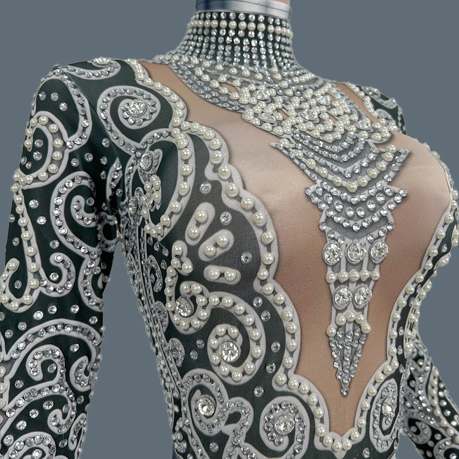 Classic Rhinestones Pearls Spandex Jumpsuit Women Nightclub Party Elastic Sexy Bodysuit Showgirl Performance Stage Wear Quanquan