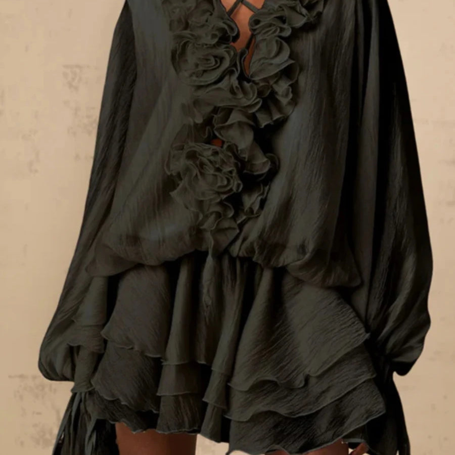 Solid Loose Spliced 3D Flowers Dresses for Women V Neck Long Sleeves Patchwork Ruffles Fold Dress Female Clothing BLACK