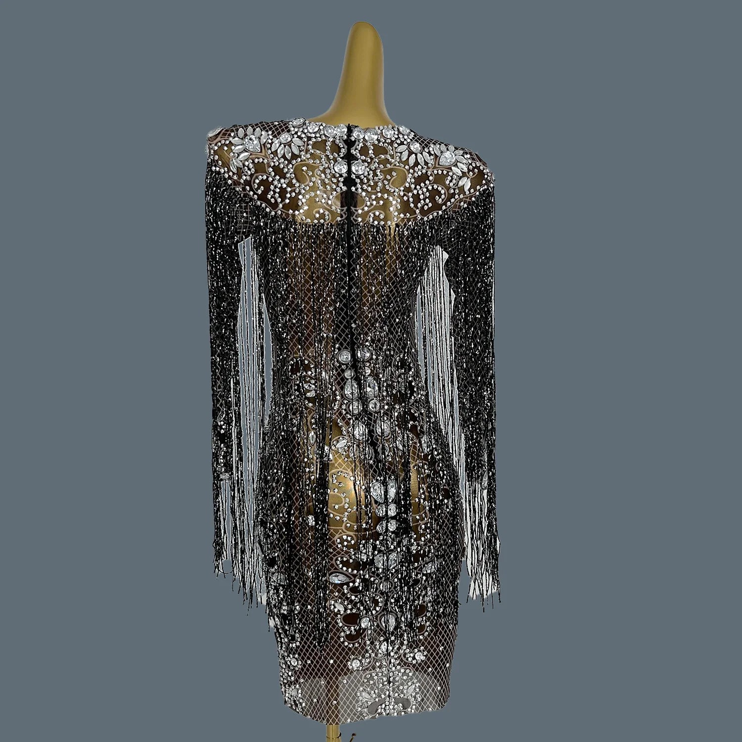 Women Shiny Chain Crystal Diamonds Dress Tassel Elastic Sexy Mini Night Club Performance Costume Birthday Party Dress Hualan