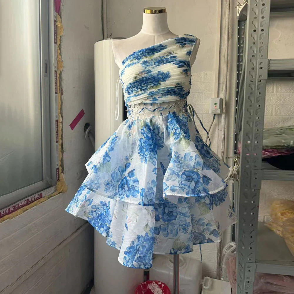 Printing Hollow Out A Line Dress For Women Diagonal Collar Sleeveless High Waist Patchwork Lace Up Dresses Female BLUE