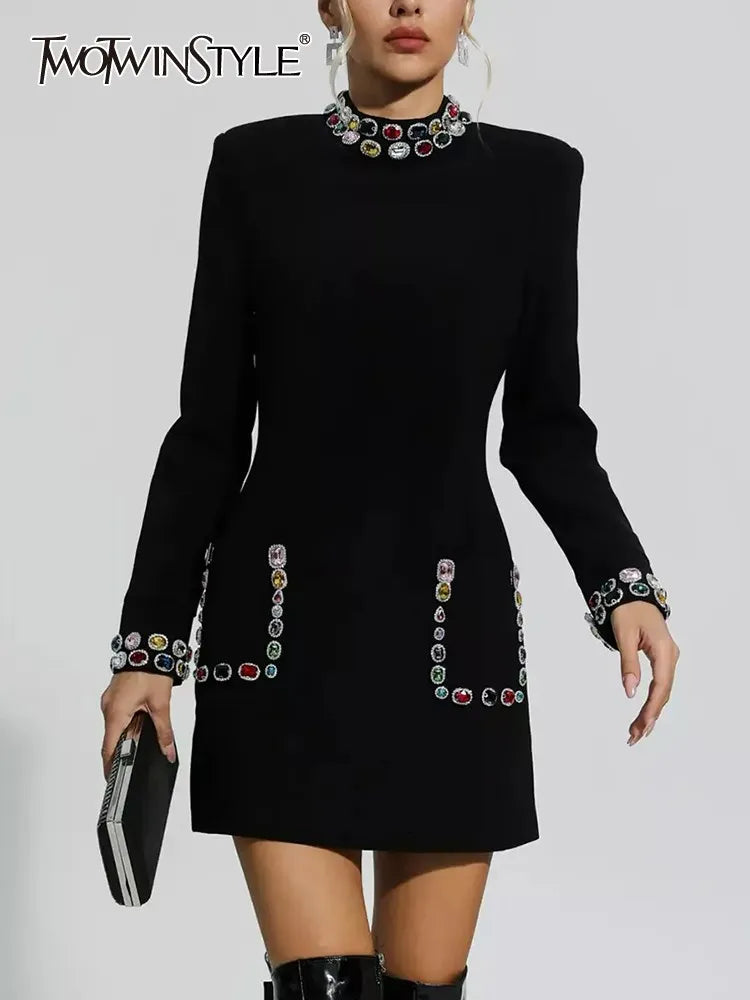 Solid Patchwork Diamonds Temperament Dress For Women Round Neck Long Sleeve High Waist Slimming Dresses Female New