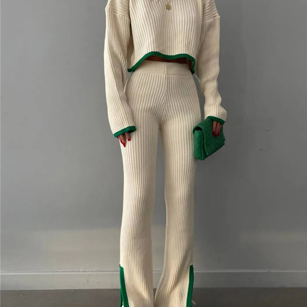 Split Women Knitted Suit O-neck Long Sleeve Cropped Sweater Elastic High Waist Winter 2 Pieces Set For Women 2024 Casual Outfits
