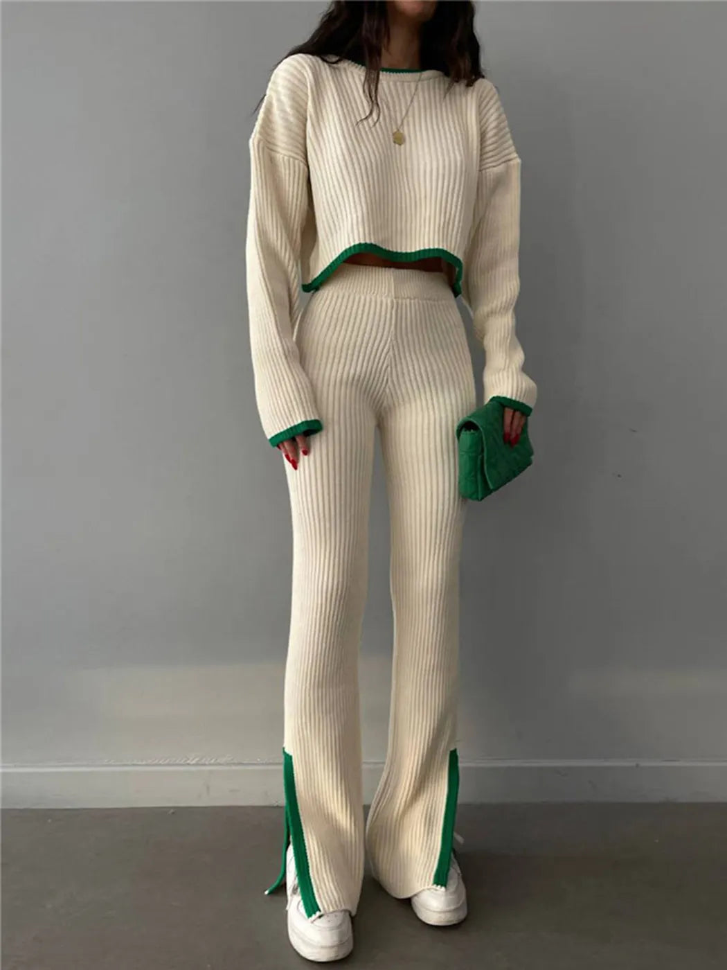 Split Women Knitted Suit O-neck Long Sleeve Cropped Sweater Elastic High Waist Winter 2 Pieces Set For Women 2024 Casual Outfits