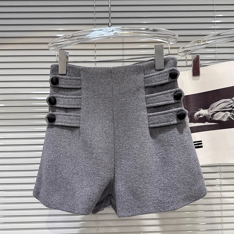Winter New Fashion Ribbed Button Gray Woolen High Waist Shorts For Women Versatile Boot Short Pants Female 11A07667 Gray