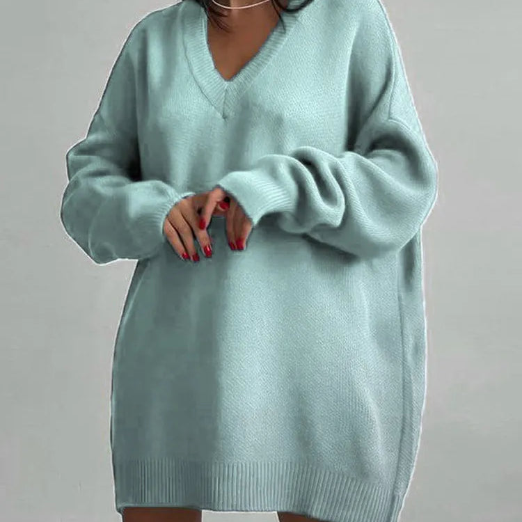 Loose Sweater V-Neck Women Lantern Full Sleeve Solid Knitted Pullover Casual Autumn Winter Knitwear Top Blue One Size