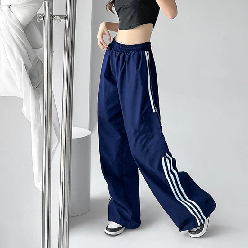 Striped Sweatpants Women Hip Hop Streetwear Baggy Wide Leg Cargo Pants Bf Y2K High Waist Drawstring Joggers Trousers Navy Blue