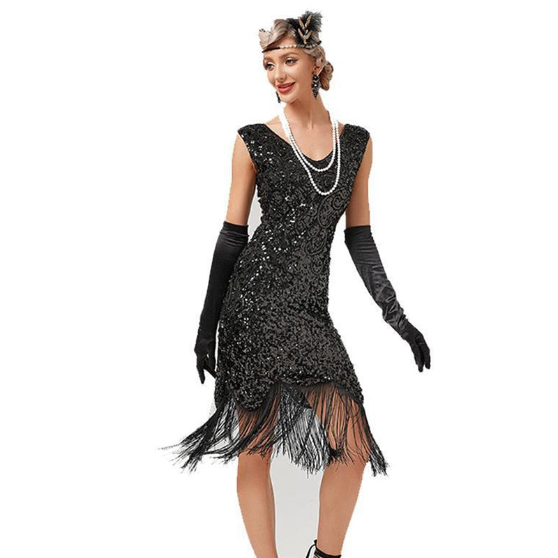 Summer 1920s Vintage Dress Tassel Flapper Dresses Prom Wedding Party Beaded Sequin Fringed O-Neck Women 30S Costume Black