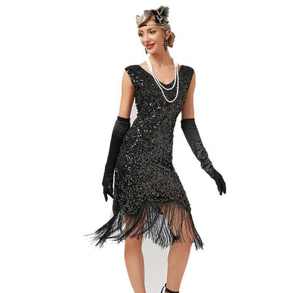 Robe Vintage à franges pour femmes, tenue d'été des années 1920, à franges, pour bal de fin d'année, fête de mariage, paillettes perlées, col rond, Costume des années 30 